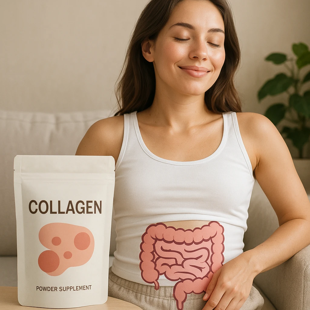 realistic image of a woman with a healthy intestine, benefits of collagen, relaxed posture, glowing skin, positive atmosphere, collagen package in the foreground emoji