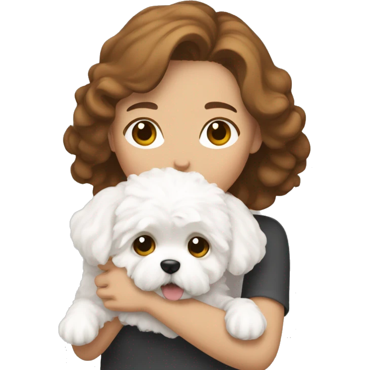 a brown-haired woman hugging white maltipoo emoji