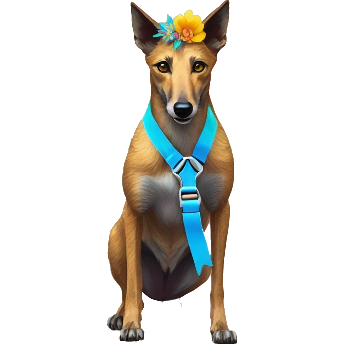  brindle brown black maroon gold lurcher Alsatian fox running blue eyes and iridescent holographic oilslick harness wearing paper iridescent tropical flower crown yellow caution tape emoji