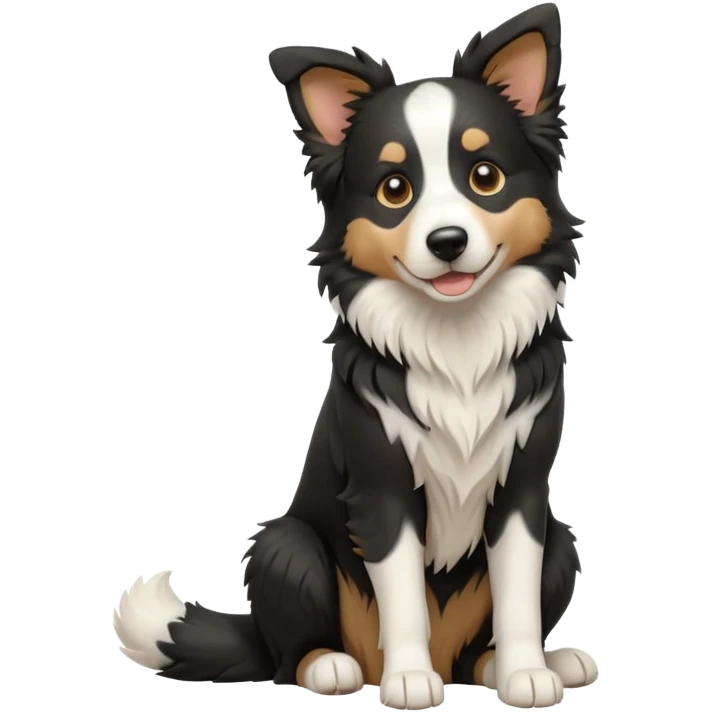 cinematic-[border collie dog]-realistic-full-body-sitting-emoji,-tail-resting-loosely-beside-its-paws,-head-tilted-dramatically,-scruffy-[black and white]-fur,-simplified-yet-realistic-focused-features,-highly-detailed,-glowing-with-an-almost-sarcastic-glow emoji