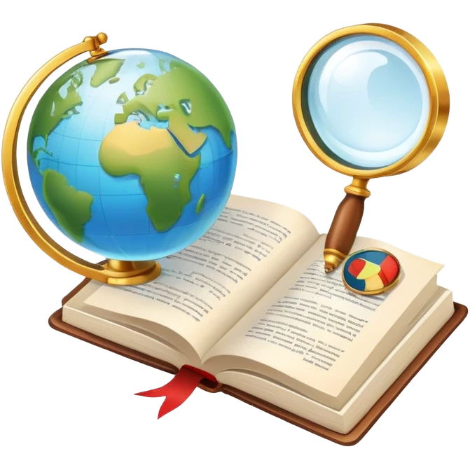 An icon featuring an open book, a speech bubble, and a magnifying glass, symbolizing philology and linguistics. The design includes language symbols, a globe, and alphabet letters, representing the study of languages and their structures. Transparent background  emoji