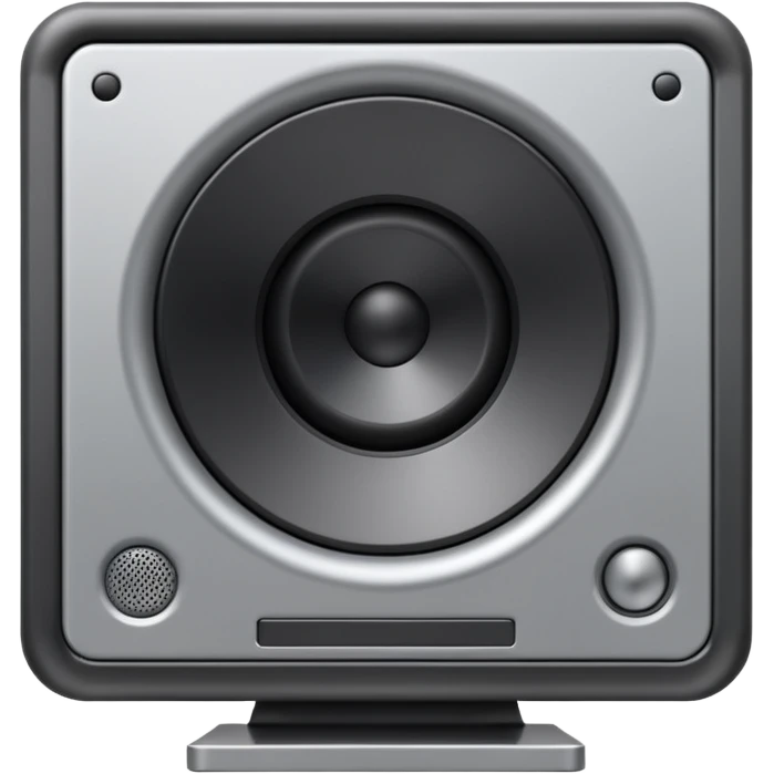 Minimal emoji icon of a modern metallic studio monitor, front view, detailed geometry, dark metallic body, subtle highlights, isolated emoji