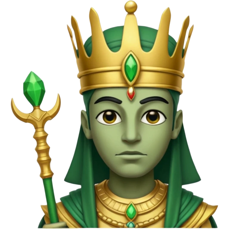 Ancient Egyptian god Osiris with green skin, Atef crown, and holding emoji