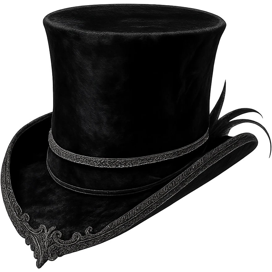top hat in aristocrat goth style, black velvet, silver trim, dramatic flair emoji