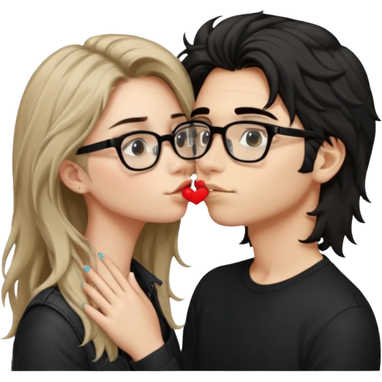  garçon avec les cheveux brun très clair ébouriffés, qui embrasse une fille avec les cheveux noir long qui a des traits d’eye-liner, des lunettes noir et un piercing au nez emoji