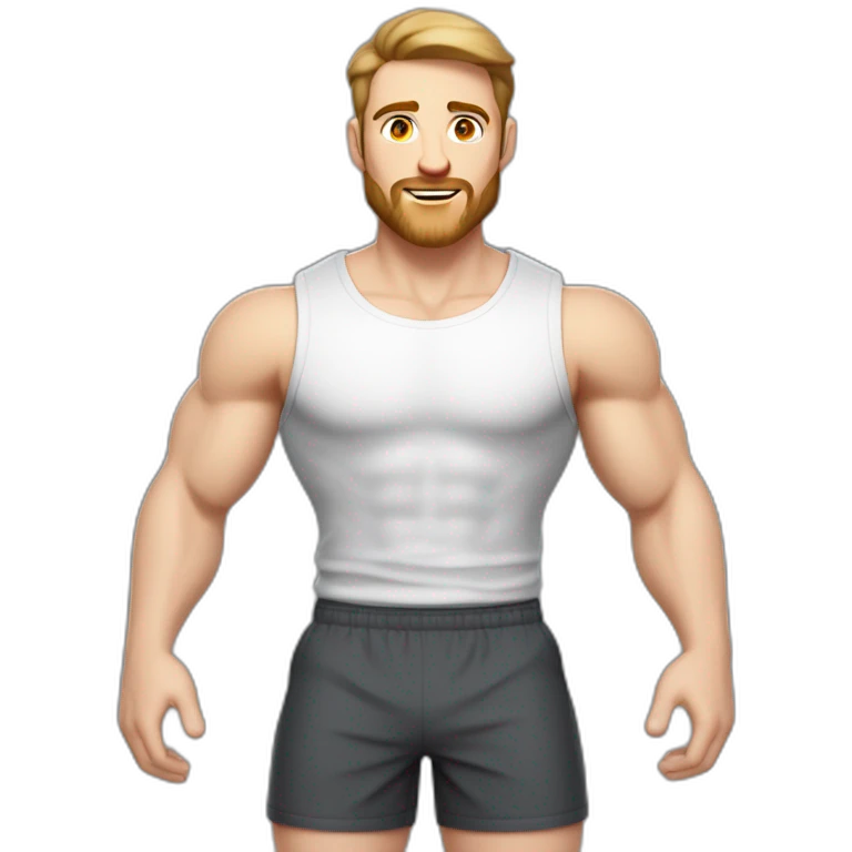 Full height Pale skinned fit man With biceps, Realistic eyes and mouth, light brown hair and stubble In dark gray sleeveless mike, black oversize sports shorts, watch and white sneakers. emoji