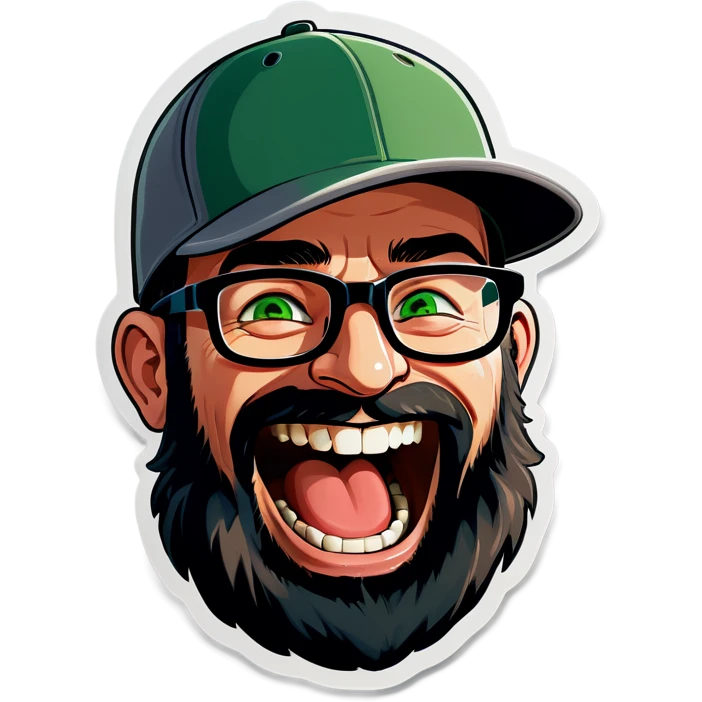 A man with a grey baseball cap, green eyes, big dark brown beard and glasses, laughing out loud  emoji
