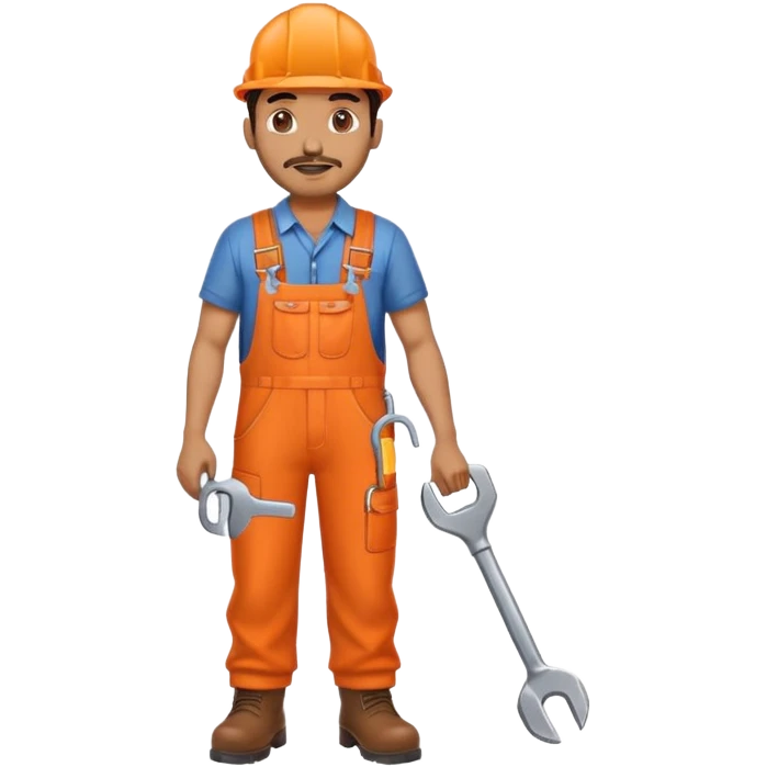 Indian male railway engineer orange overalls, boots holding a spanner emoji