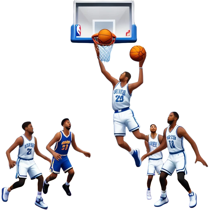 An icon showing a basketball court with players in action, inspired by NBA 2K25. A player jumps for a dunk, the ball mid-air, with the court’s floor and surrounding basketball arena visible. Bright lights highlight the excitement of the game. Transparent background. emoji