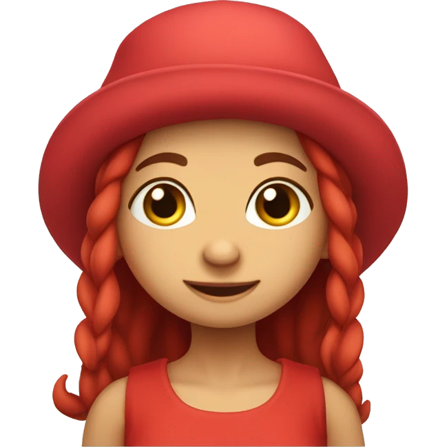 The girl character is a cute and funny troll, the logo is simple. The character has a hat on his head, big ears and pretty red eyes. Her hair is red, lush and round. She is wearing a Karelian sundress. emoji