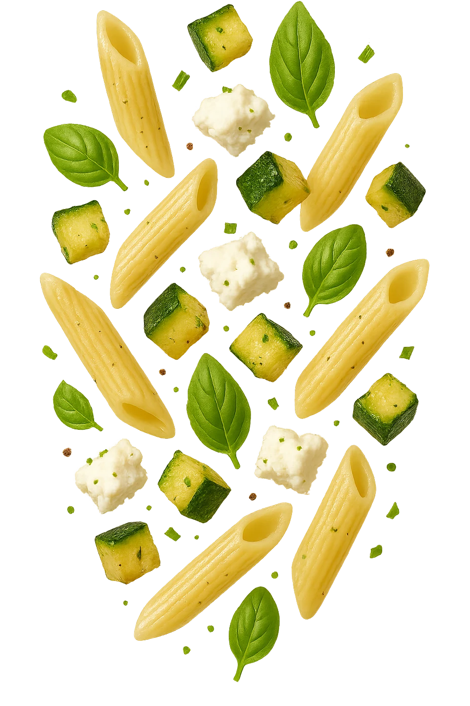 EMOJI STILE IPHONE DI Pasta di riso con zucchine, basilico e feta cade verticalmente, iperrealistica 4k emoji