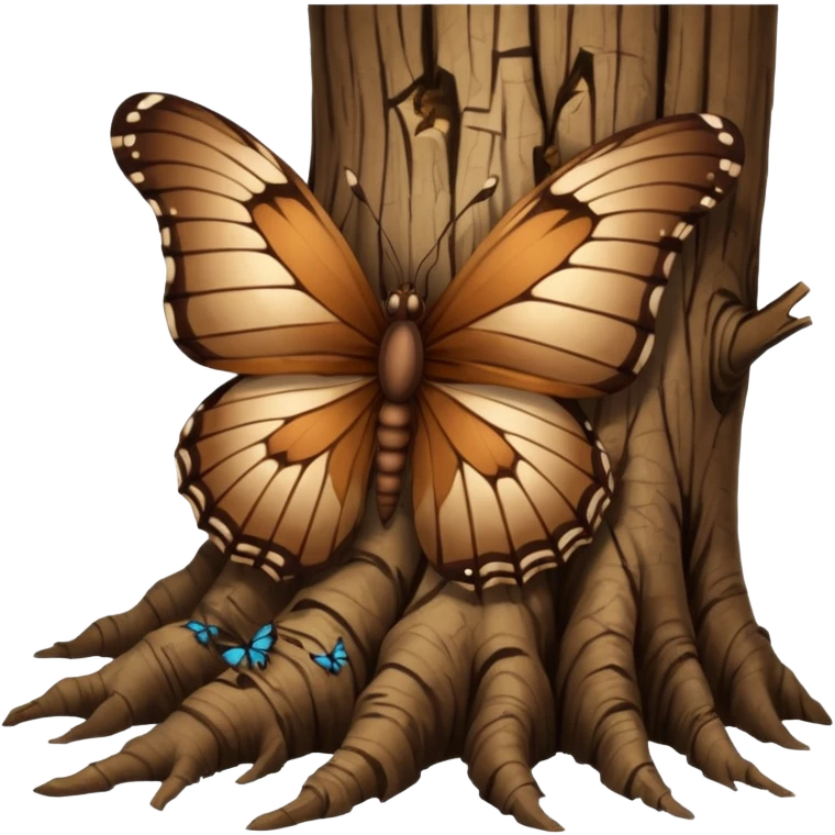 Dead butterfly emoji with broken wings weins with tree roots emoji