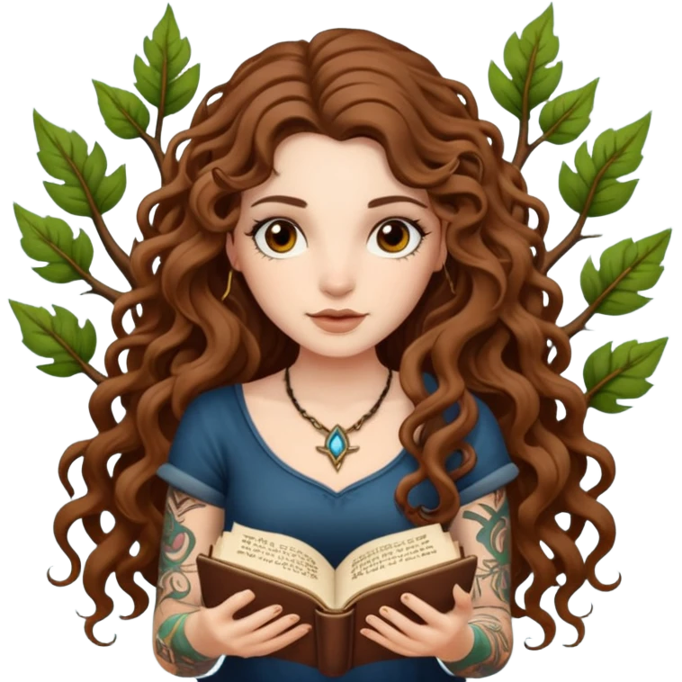 woman with long curly brown hair, brown eyes, white skin, tattoos, reading a spellbook that grows roots instead of pages emoji