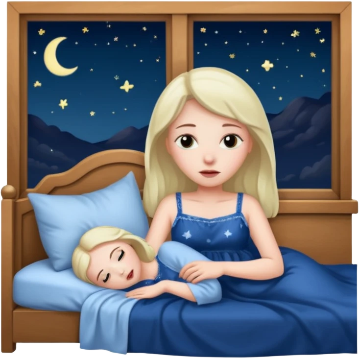 женщина лежит в кровати, она напряжена, за окном ночь emoji