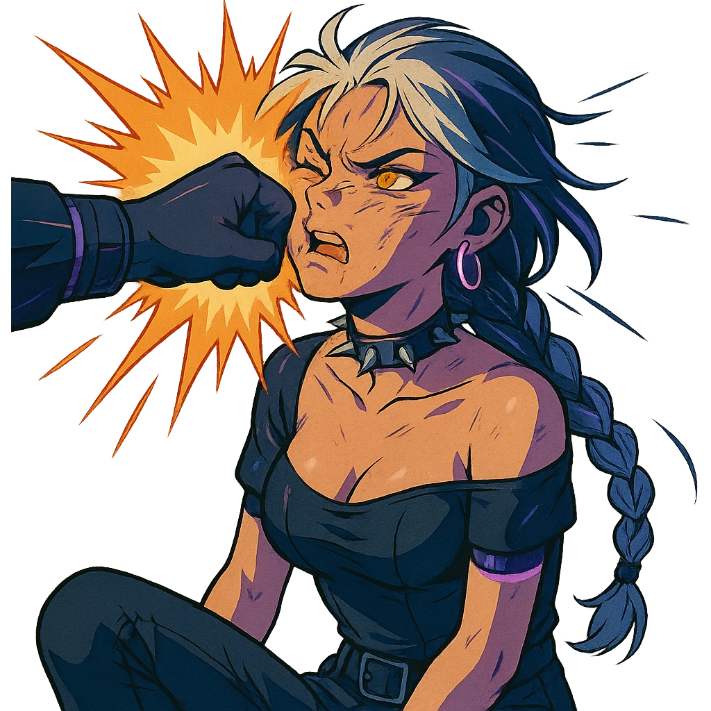 she is getting punched in the face explosively, overpowered, facepunch, a closeup portrait of young woman with gold yellow eyes, white hair, long braid, black off-shoulder top d-cup, punk gothic style, futuristic cyberwave cyberpunk, sitting position
 emoji