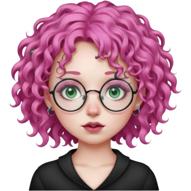 . Gothic girl with pink curly hair, round glasses, septum piercing, nostril piercing, almond eyes, blueish green eyes, emoji
