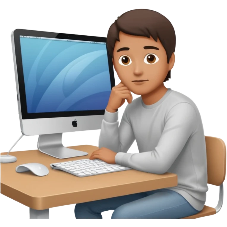 emoji of a man sitting at the table with an imac on it, a man sits in a very thoughtful pose emoji