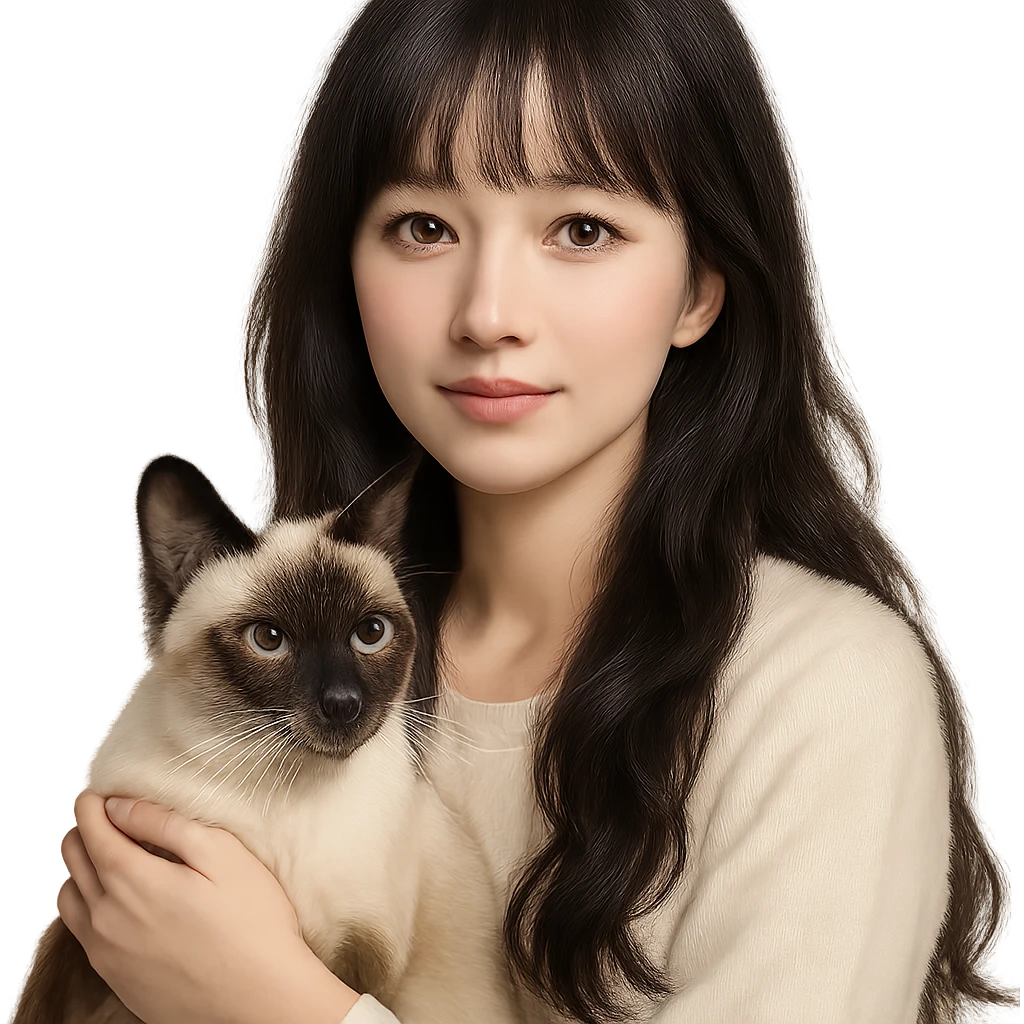 white-skinned East Asian woman holding a Siamese cat, black see-through bang bangs, long wavy hair down to chest, round brown eyes, light pink blush on cheeks, pink lips, warm and soft expression emoji