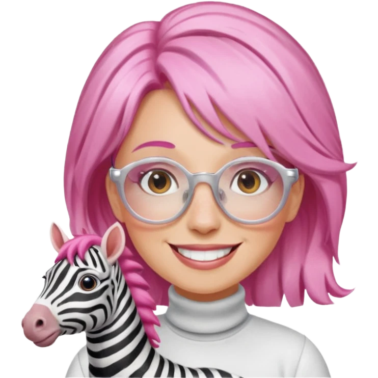 create a emoji of my friend camilla: she wears  white glasses and she has brown hair, make it pink. She loves horses and zebras emoji
