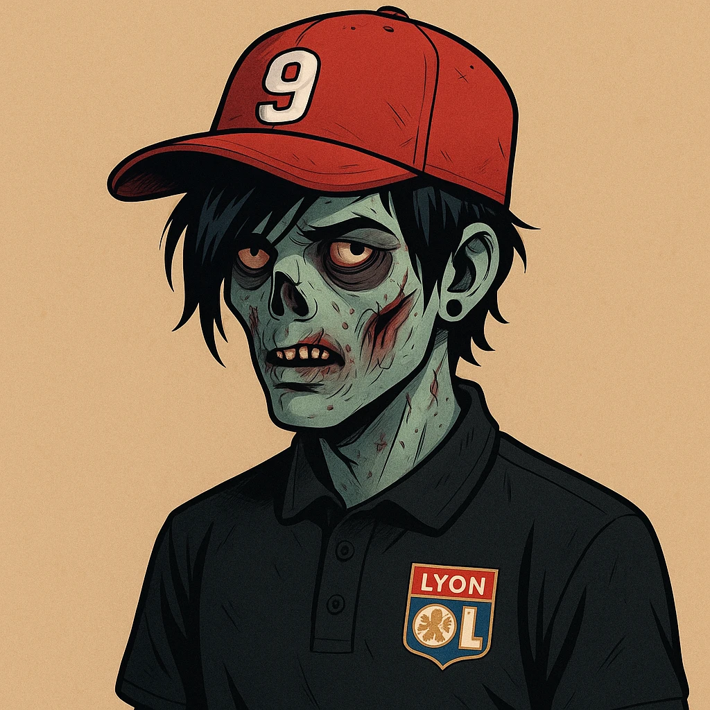 zombie boy with black emo hair and piercing, wearing a black polo shirt with a Lyon logo, red cap with a '9' on it, modern illustrated style emoji