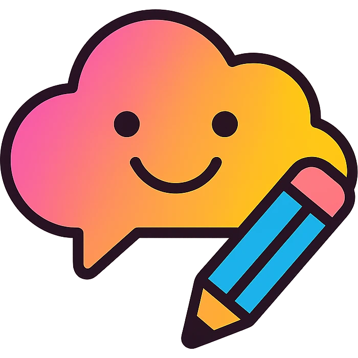 colorful cloud-shaped speech bubble emoji with a smiling face and a pencil next to it, representing a post caption as a comment emoji
