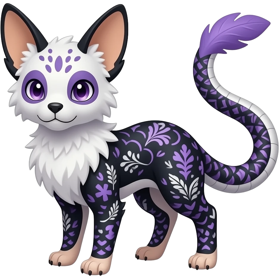 Furry, fluffy tropical flecked painted feathery scaly, Purple, white, black, Minccino-Sphynx-Lykoi-Linoone-Zangoose-fusion-hybrid-animal-Fakémon-creature, full body, thin long sleek scaly tail, intricate markings emoji