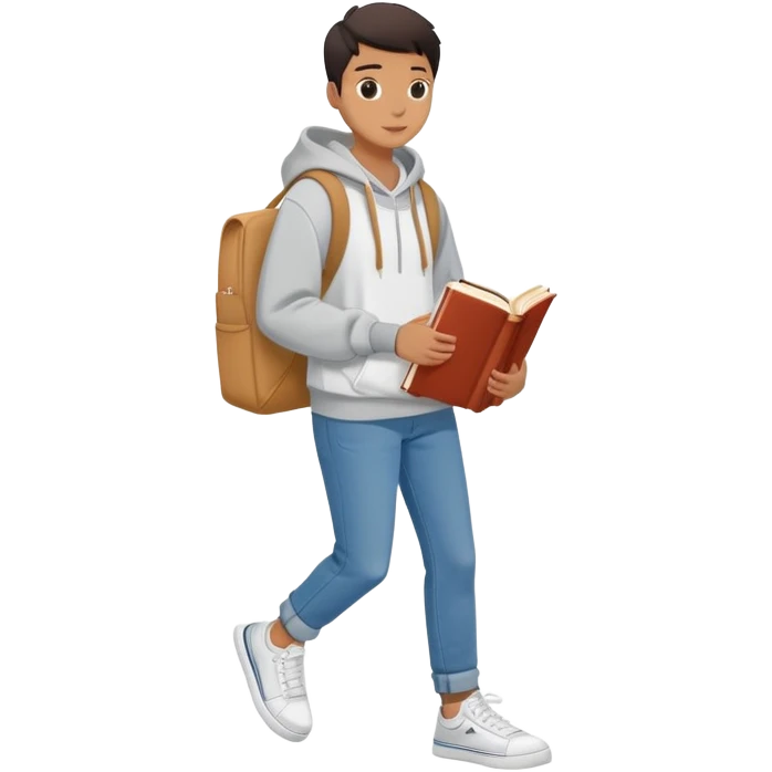 A flat-style illustration of a college student casually with a tote bag over the shoulder and a book in one hand. The student wears a hoodie, jeans, and sneakers. Clean cartoon style, white background, iOS emoji aesthetic. emoji