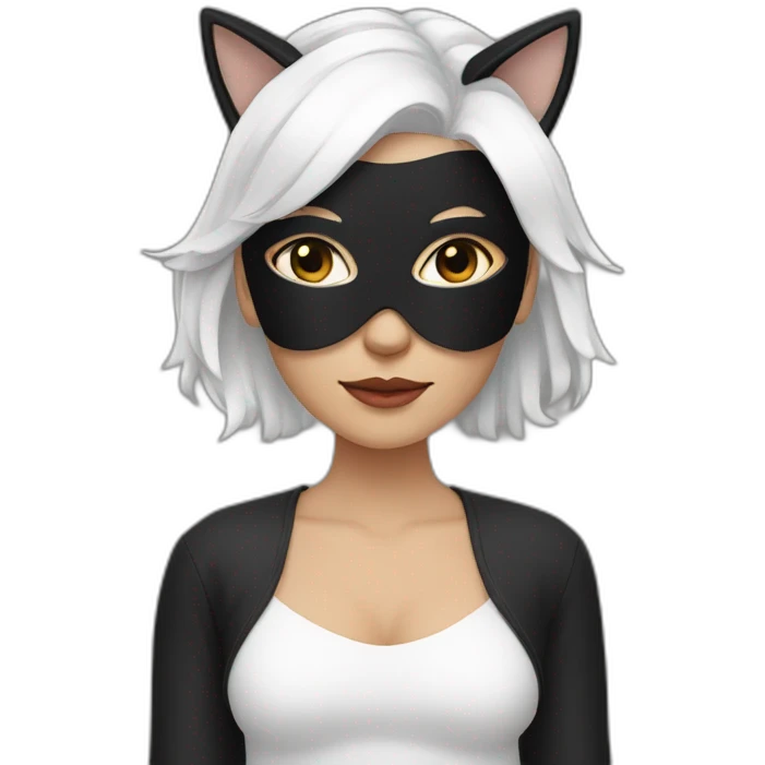 A woman with white hair and cat ears and a black mask around her eyes has white skin  emoji
