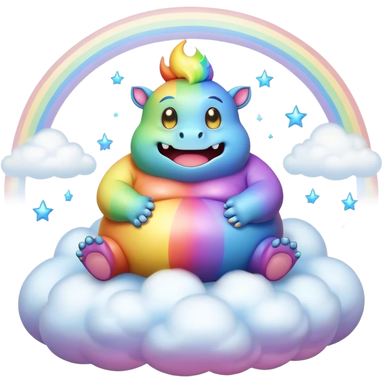 3D, Kawaii derpy fat rainbow monster sitting on a magic rainbow hued cloud, rich textures, visually detailed, so lifelike that it feels like it could leap off the page at any moment emoji
