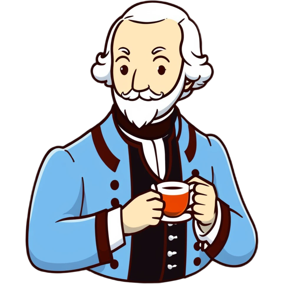 Adam Smith with a scholarly appearance, beard, 18th century attire, enjoying a cup of tea emoji