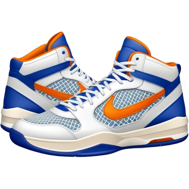 Cinematic Realistic image of a pair of basketball sneakers featuring detailed mesh and leather textures, vibrant color accents and dynamic design lines, illuminated by bold, high-energy arena lighting emoji