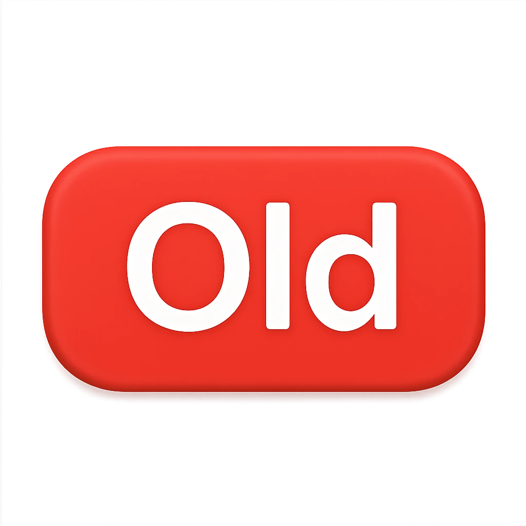button with the word 'Old', bold white text on red rounded rectangle, matching iOS emoji 'NEW' button style, emoji style emoji