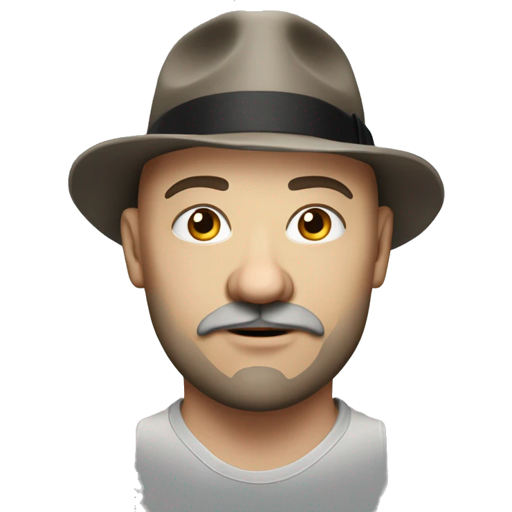 Photorealistic, realistic serious A plump bald man of Slavic appearance with a goatee beard and mustache, wearing a fedora hat, big details emoji