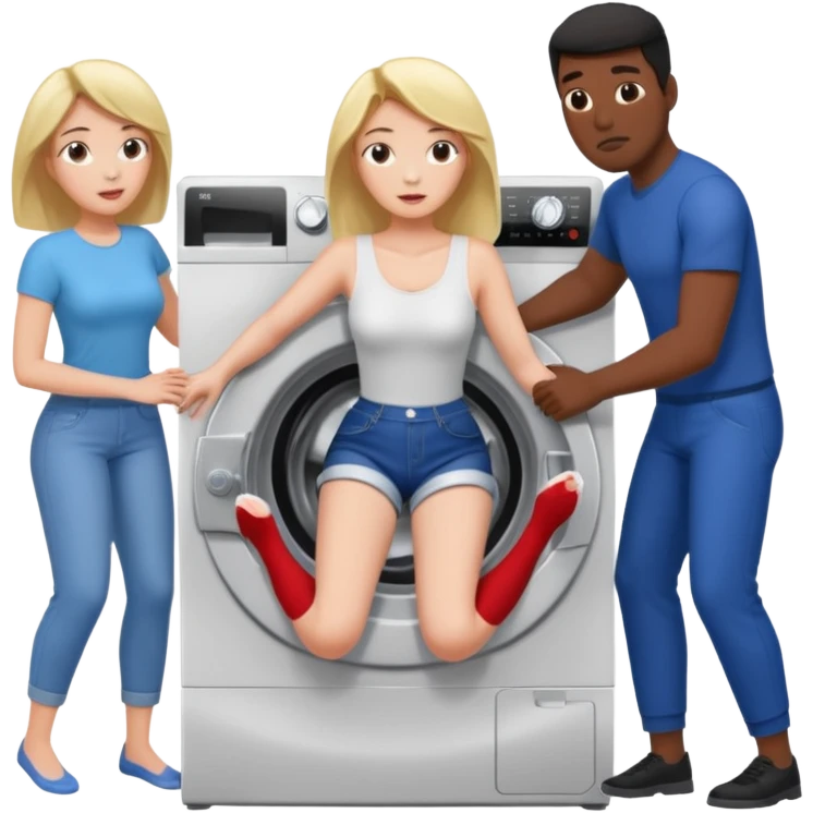 Eine Frau steckt bis zum Bauch in einer Waschmaschine fest und nur die Beine gucken raus und zwei schwarze männer ziehen an ihren Beinen um sie raus zu holen  emoji