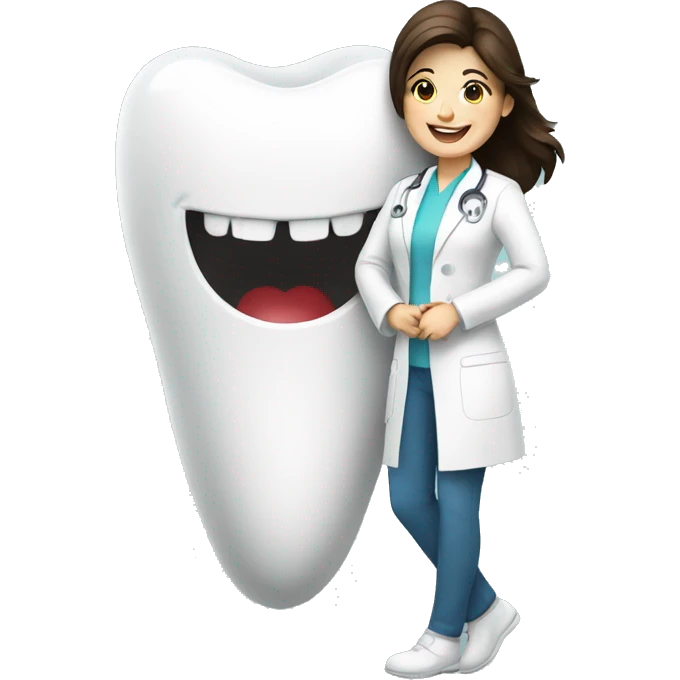 a brunette dentist leaning against a tooth smiling emoji