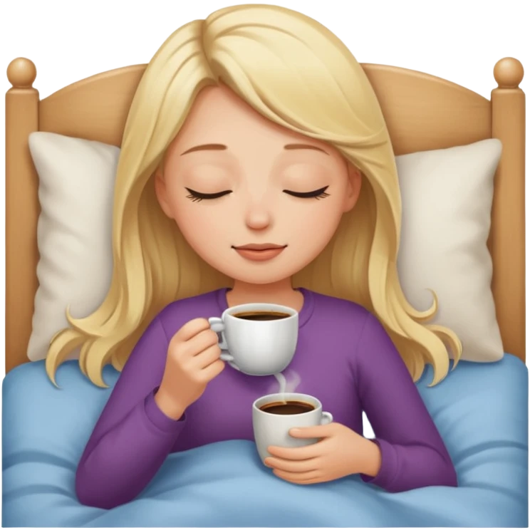 Blonde girl who closes her eyes and smells coffee while drinking coffee in her bed emoji