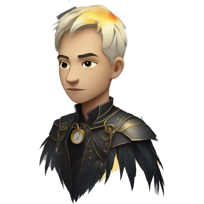 Hamlet young skinny sad man iridescent hair wearing raven feathers with a gilded clock and golden flames yin yang chess board emoji