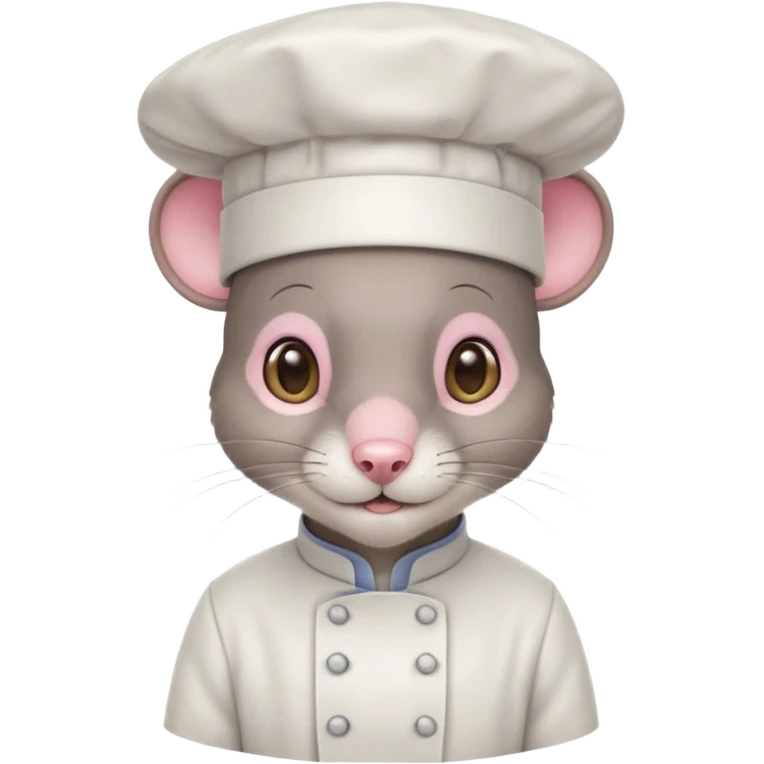 gray mouse with large round ears, brown eyes, and a small pink nose, wearing a white chef’s hat emoji