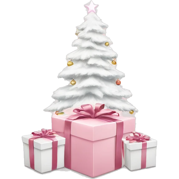 Light pink Christmas gifts under a white Christmas tree  emoji