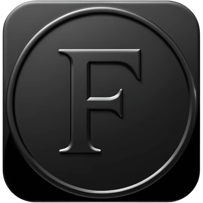Emoji icon of a black coin with engraved letter F, minimalist style, isolated, only black color emoji