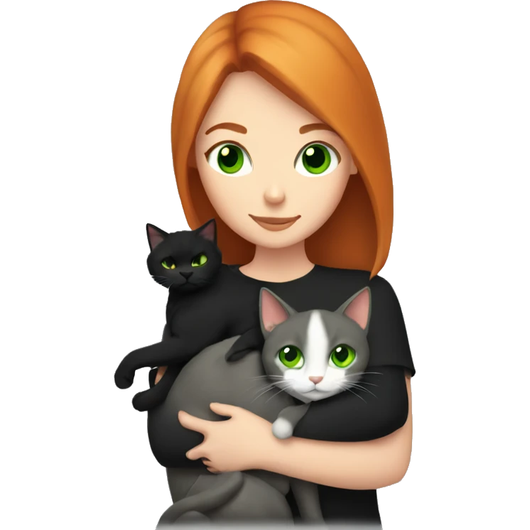Readhead girl with green eyes snuggling black cat emoji