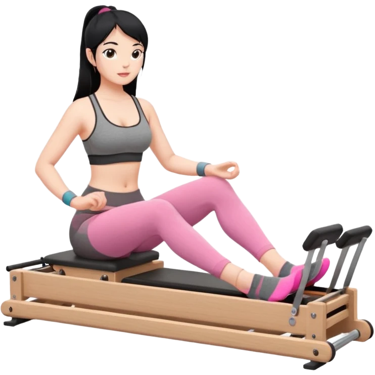Create a Pilates emoji: a girl with fair skin and black hair, wearing a grey bra and grey leggings with pink pilates socks, doing sitted stomach massage on a wooden reformer. Make it look at the reformer. Make the colors neutrals. emoji