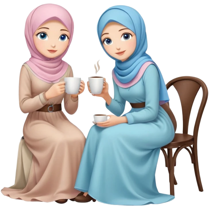 Turkish beautiful finish Konya girls blue eyes with pastel hijab long tail dress and the two friends sits on the chair on the ground and holds cup coffe with her hand  emoji