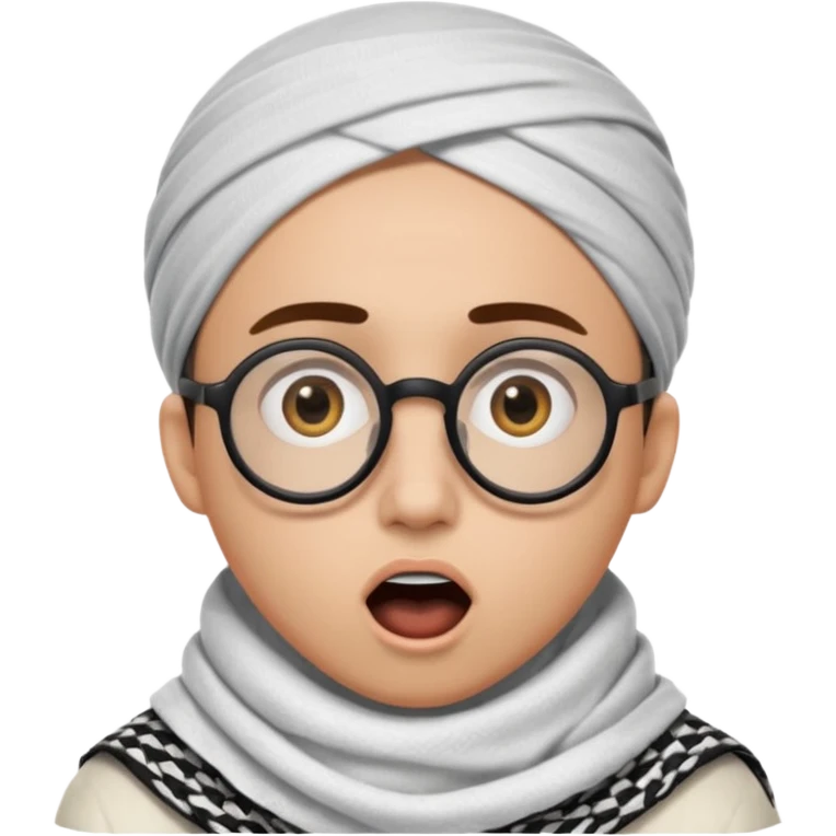 A person with light skin tone, wearing a traditional white keffiyeh with a black agal, large brown eyes, round glasses, and an open mouth showing a surprised or shocked expression. emoji