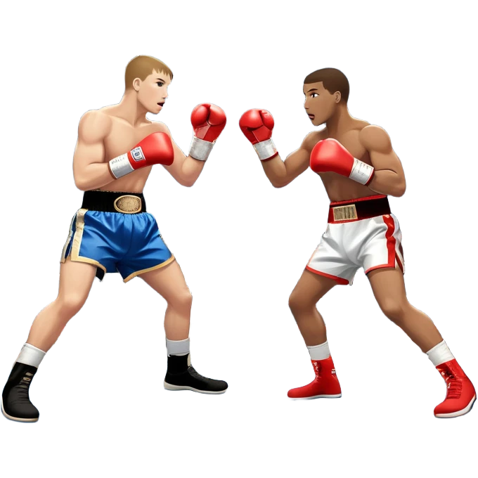  a high-stakes boxing match for the world championship title. Two professional boxers, wearing gloves and championship belts, exchange powerful punches in the center of the ring. The background features a packed arena with bright lights, a roaring crowd, and the championship banner hanging above.  emoji