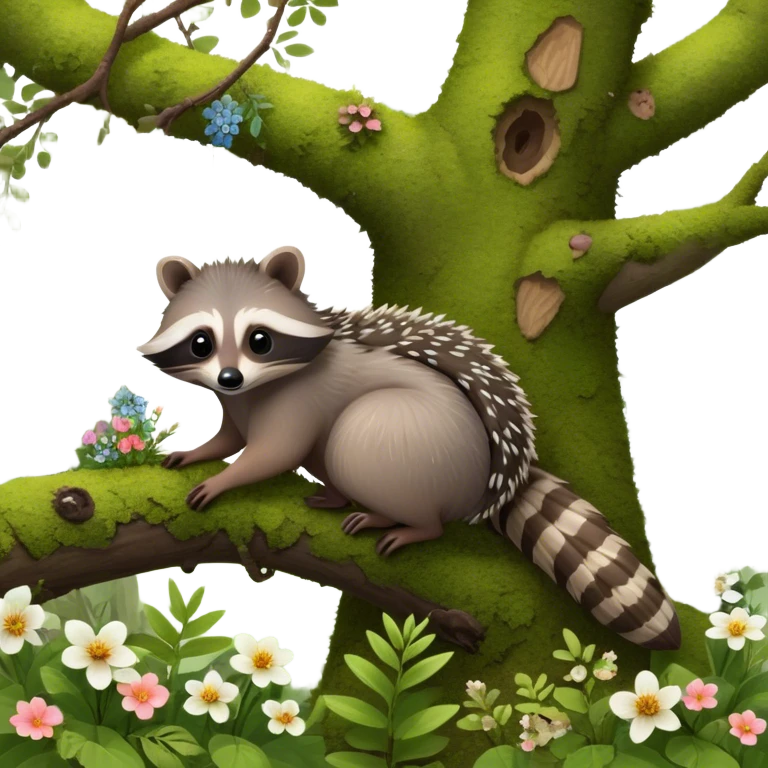 Collage of an exotic raccoon and a hedgehog, both curiously exploring a forest setting with moss and small flowers. The raccoon is perched on a tree branch, and the hedgehog is nestled in the underbrush. Vibrant nature backdrop. Transparent background. emoji