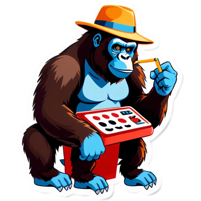 Gorilla playing slot machines with a straw hat emoji