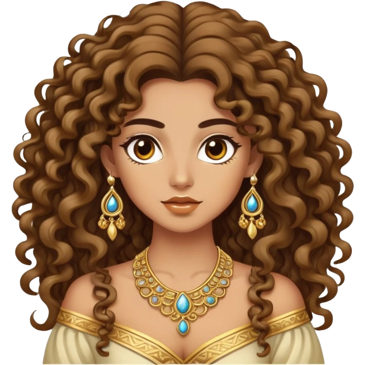 Beautiful Greek woman with very long puffy curly hair, wearing ornate gold jewelry and cute stylish clothes emoji