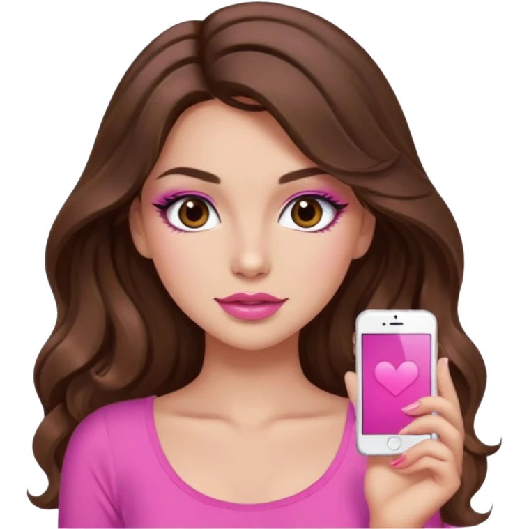 girl with long wavy brown hair, brown eyes, long lashes makeup, sexy pink lips, light to medium complexion, wearing a pink sexy t emoji