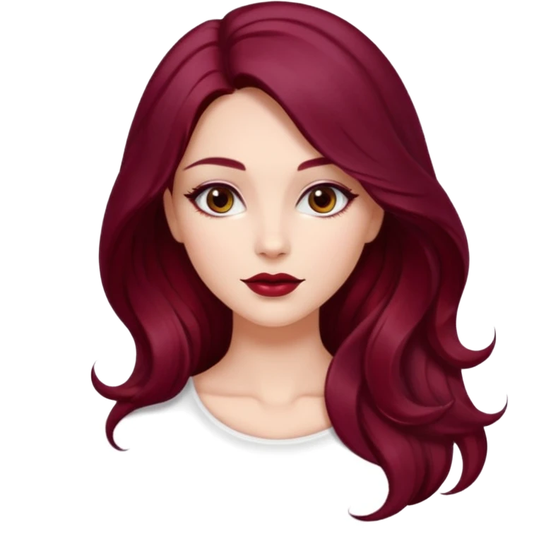 Draw a young glamorous woman with LONG dark burgandy cherry hair in a MIDDLE PART styled slightly wavy emoji